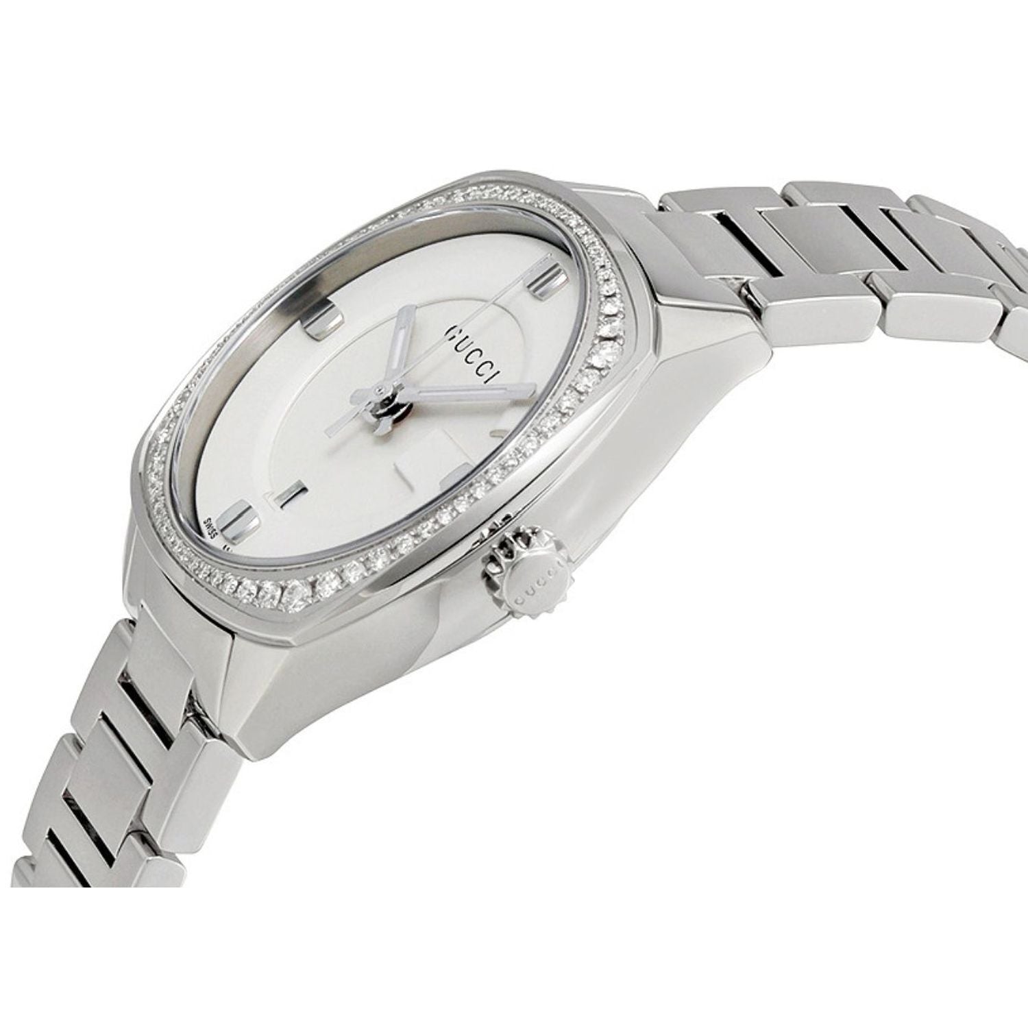 Gucci YA142506 watch at angle showing diamond bezel and steel bracelet side profile
