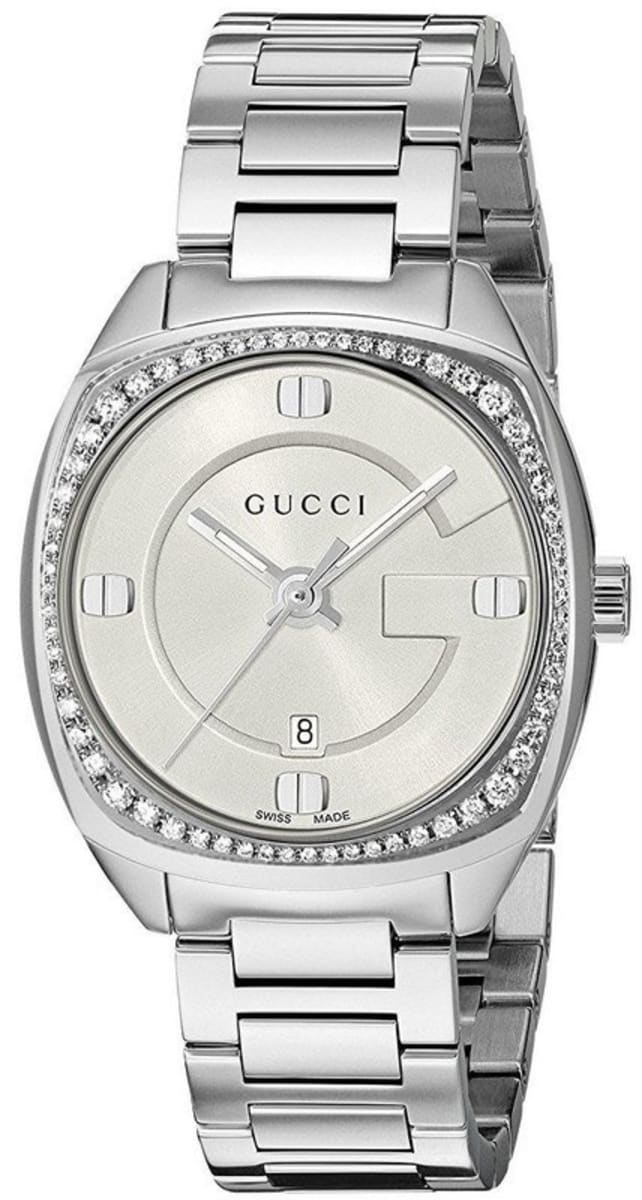 Gucci YA142506 women's watch with diamond bezel, white dial, and steel bracelet