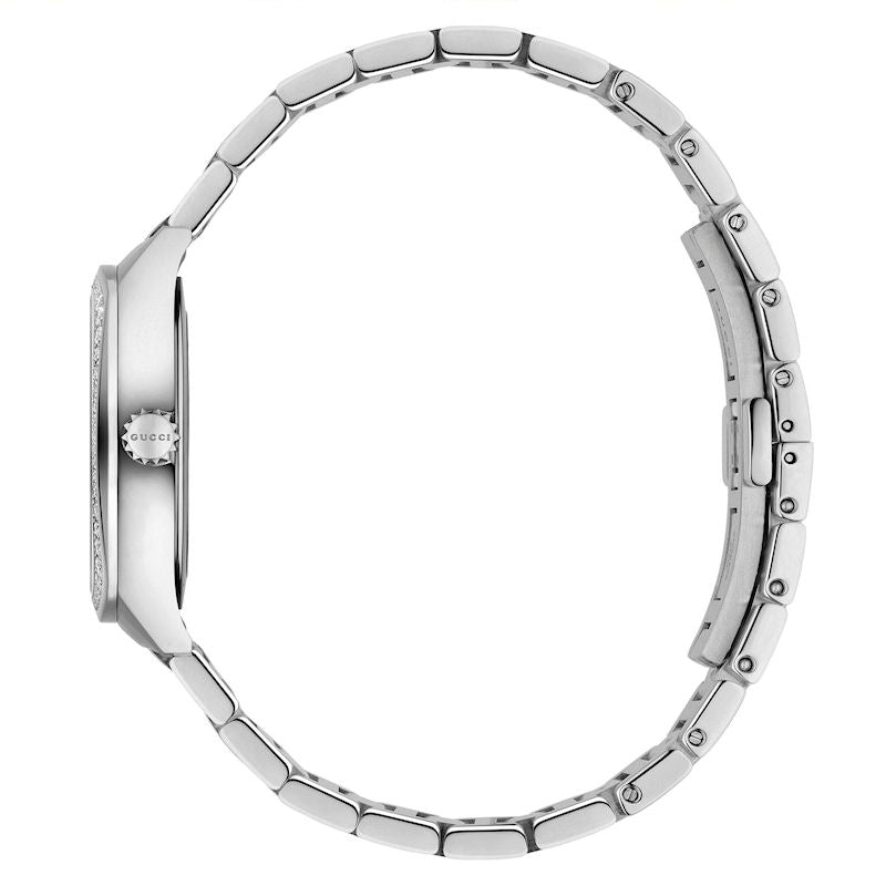 Gucci YA142506 watch side profile showing case and steel link bracelet