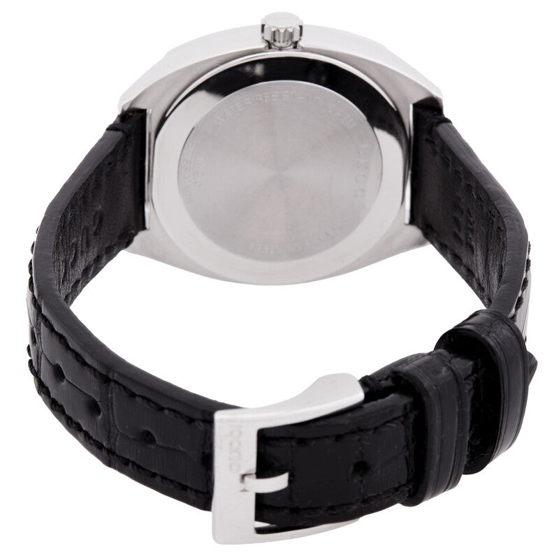 Gucci YA142507 watch caseback showing stainless steel back and black leather strap