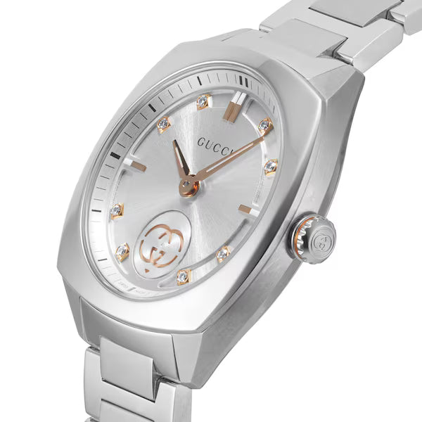 Gucci YA142510 watch displaying dial with GG interlocking motif, diamond indices, and rose-gold accents