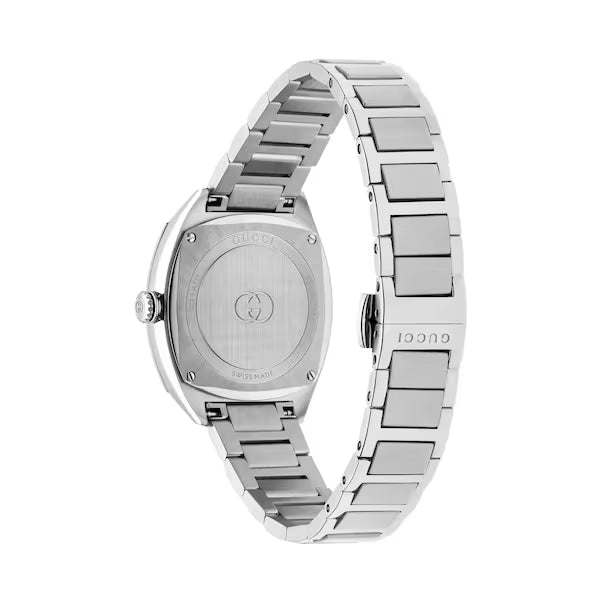 Gucci YA142510 caseback showing engraved GG interlocking motif on stainless steel