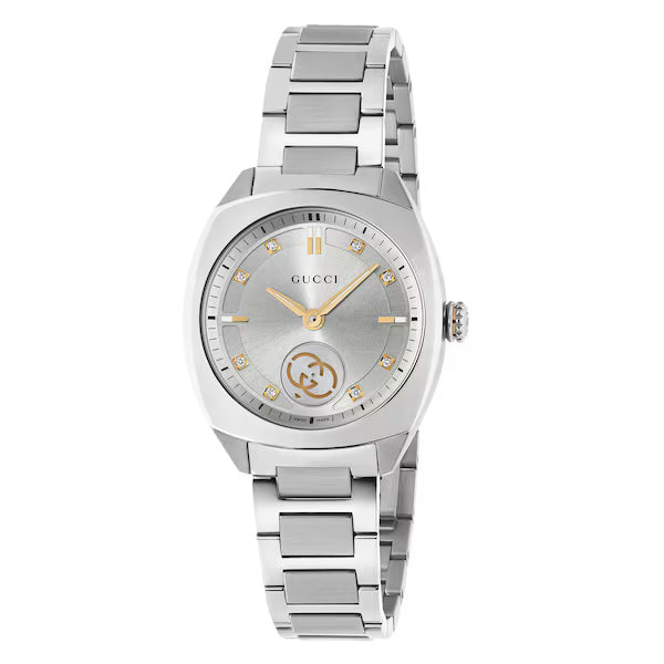 Gucci YA142510 stainless steel watch with silver dial, GG interlocking motif, diamond indices, and rose-gold hands