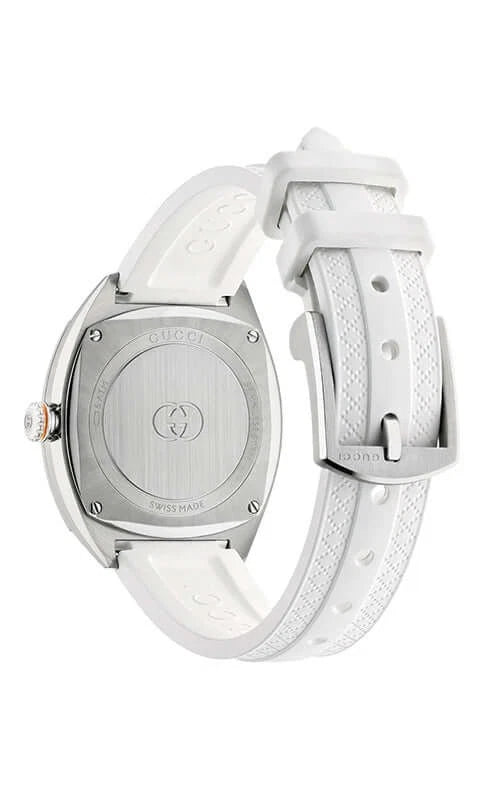 Gucci watch caseback with GG logo and white rubber strap