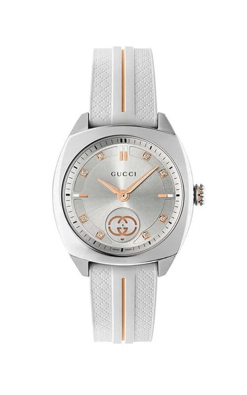 Gucci 29MM silver dial ladies watch with white strap and rose gold accents