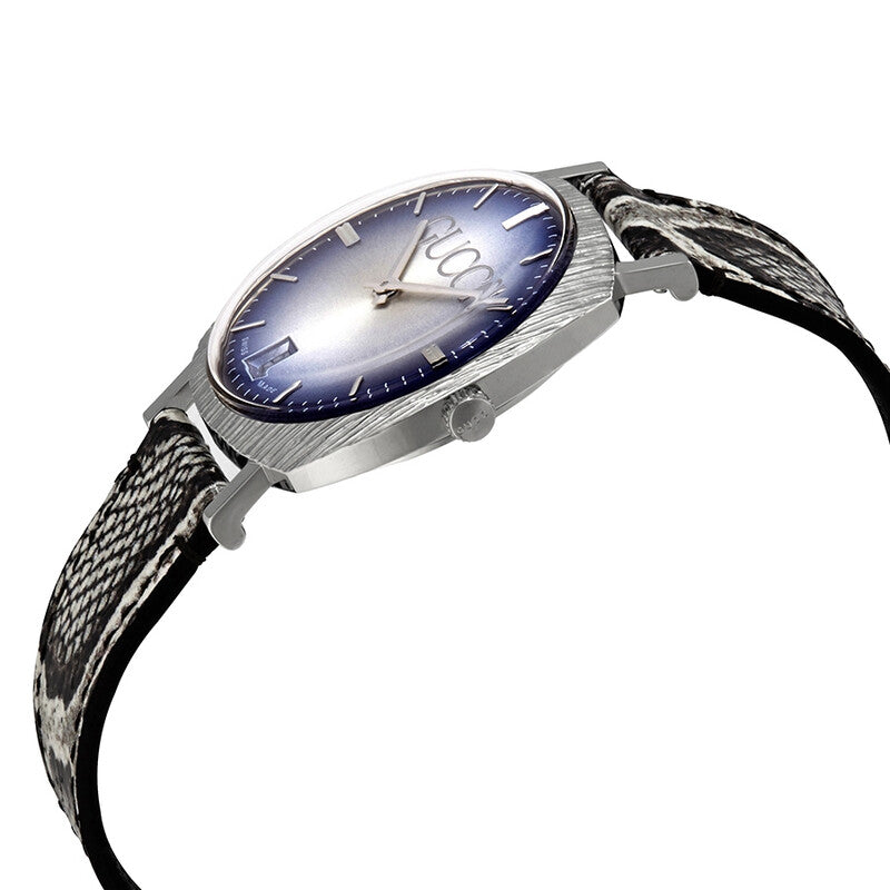 Gucci YA152401 watch at angle showing silver case, gradient blue dial, and patterned strap