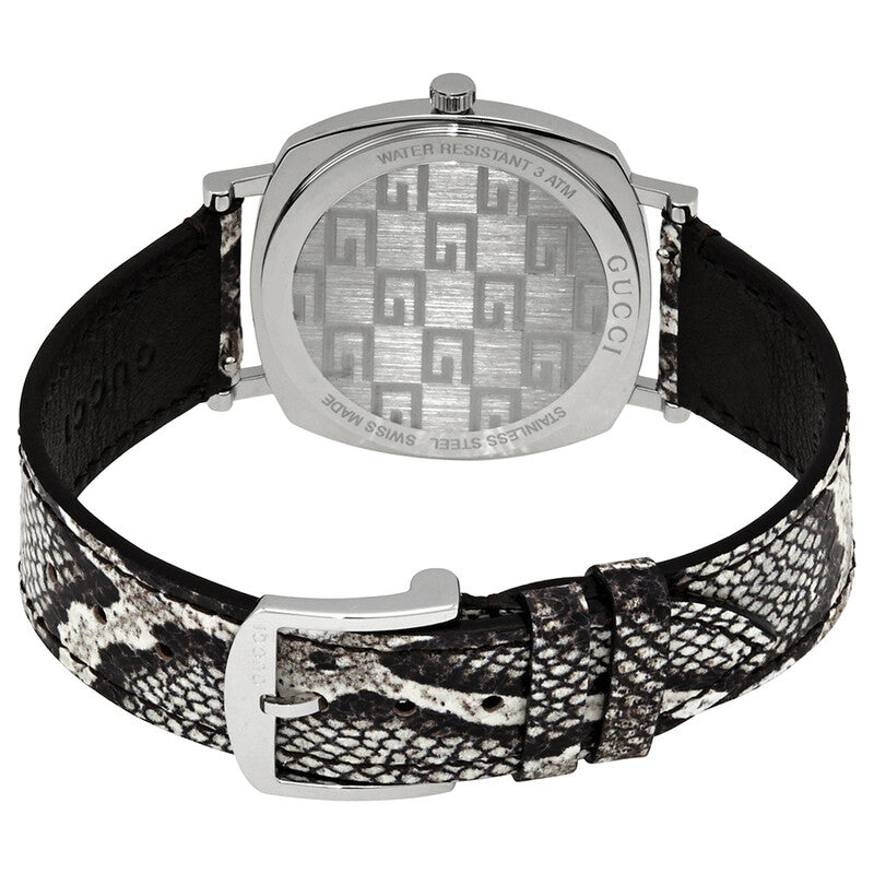 Gucci YA152401 watch caseback showing engraved text and pattern, black patterned fabric strap