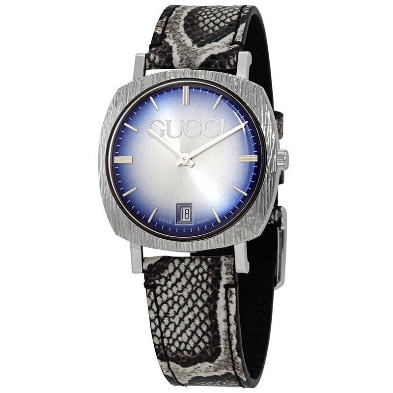 Gucci YA152401 men's watch with silver dial and light blue gradient, brushed steel case, patterned fabric strap