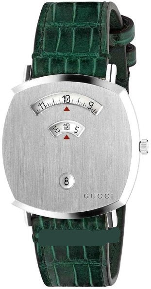 Gucci Grip watch with silver dial, gauge display, and green crocodile-textured leather strap