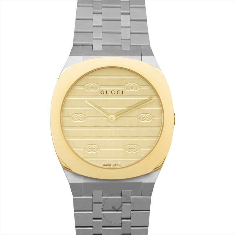 Gucci 25H women's watch with brass dial, stainless steel case, and metal bracelet, front view