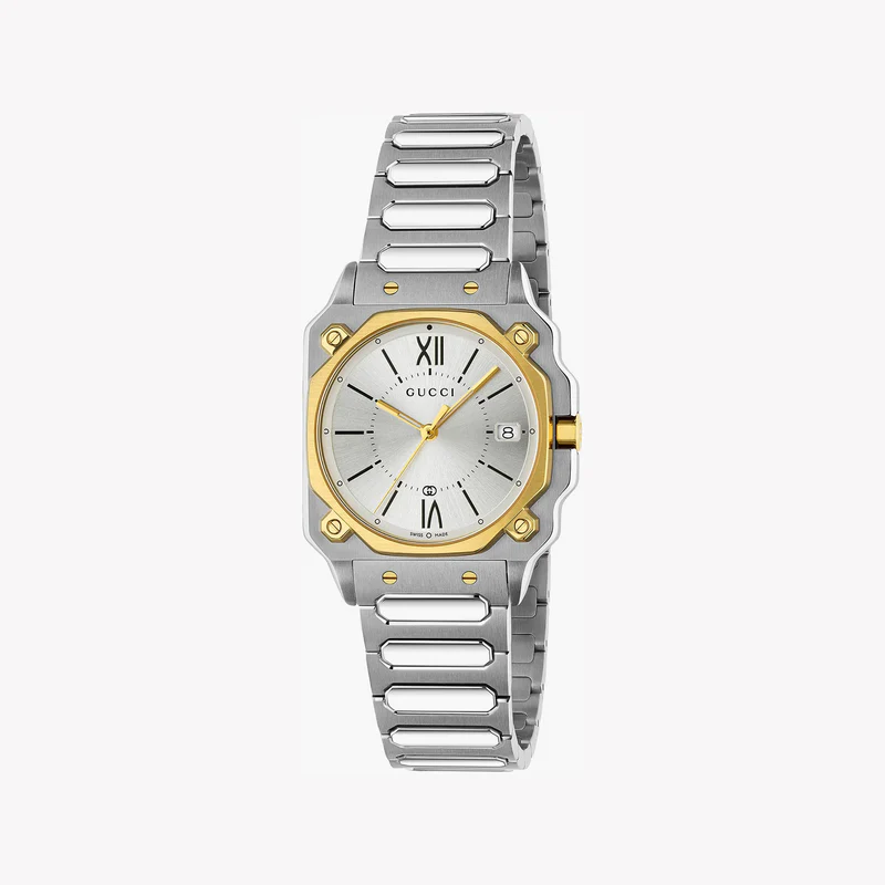 Gucci Ya166504 silver stainless steel men's watch with silver dial and gold-tone bezel
