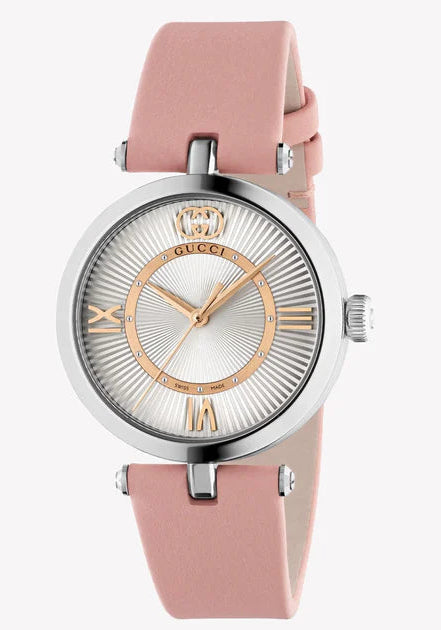 Gucci women's watch with silver case, white dial, pink leather strap and gold-tone Roman numerals
