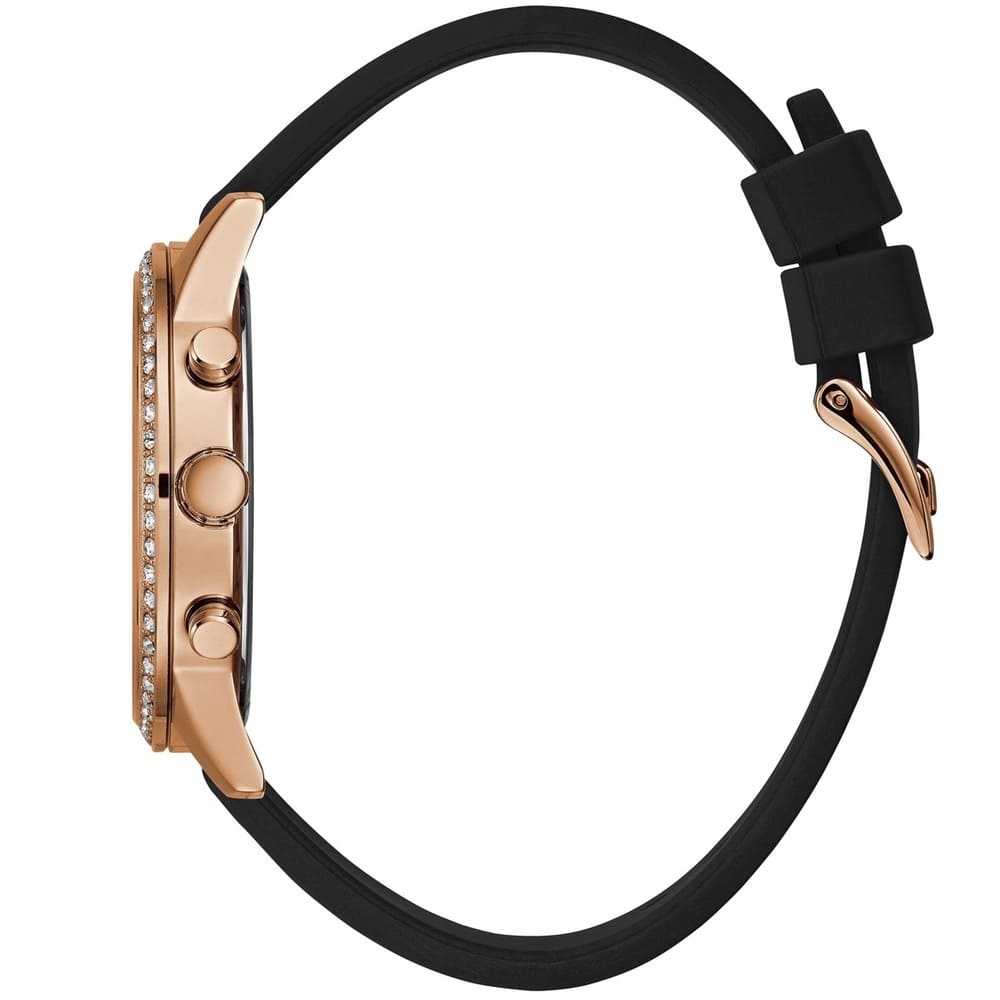 Side profile of Guess 1135L4 watch showing rose gold case and black silicone strap