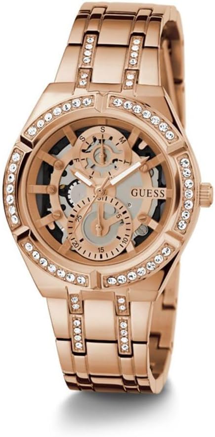 Guess Allara rose gold watch front view with multi-function skeleton dial