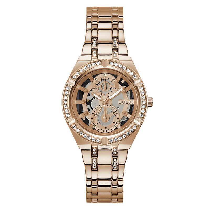 Guess Allara rose gold women's watch with skeleton dial and crystal bezel