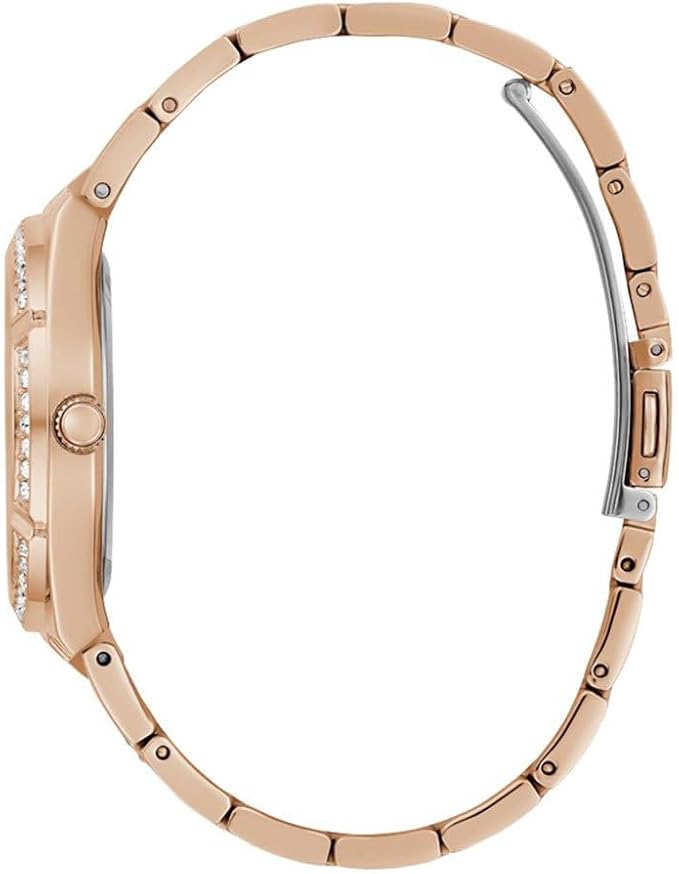 Side view of Guess Allara rose gold watch showing profile and bracelet links