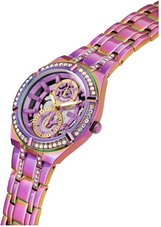 Angled view of Guess Allara watch displaying iridescent dial and crystal-embellished case
