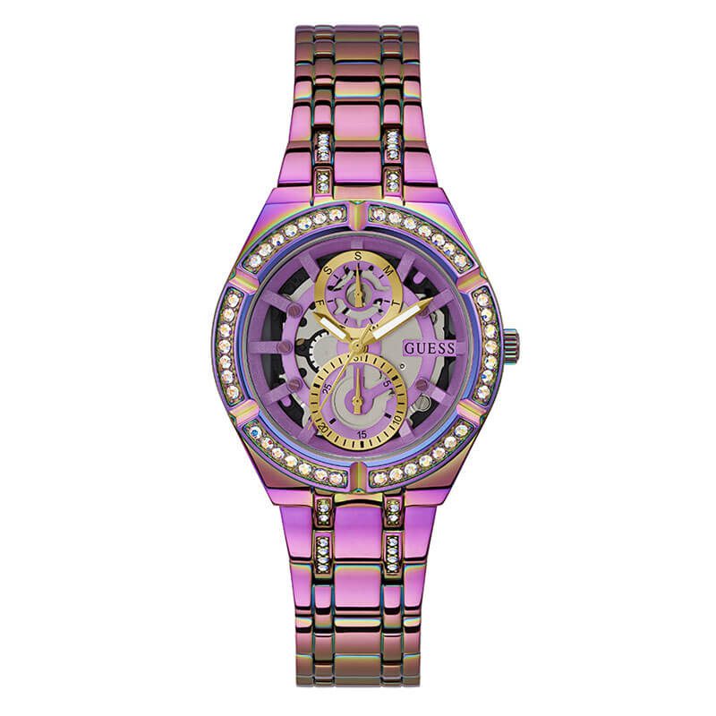 Guess Allara iridescent purple multi-function women's watch with crystal bezel and matching bracelet