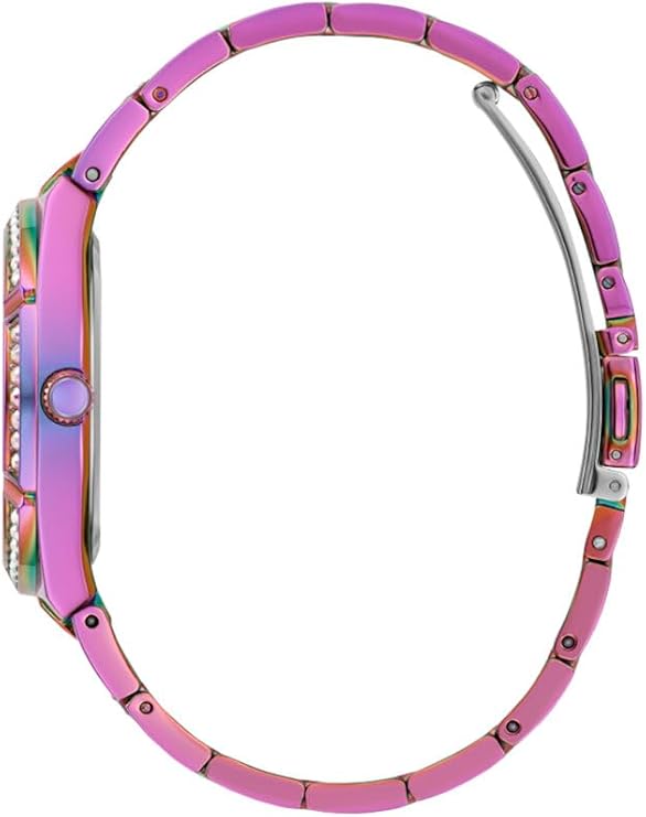 Side view of Guess Allara watch showing iridescent color-shift case and crystal-set bezel