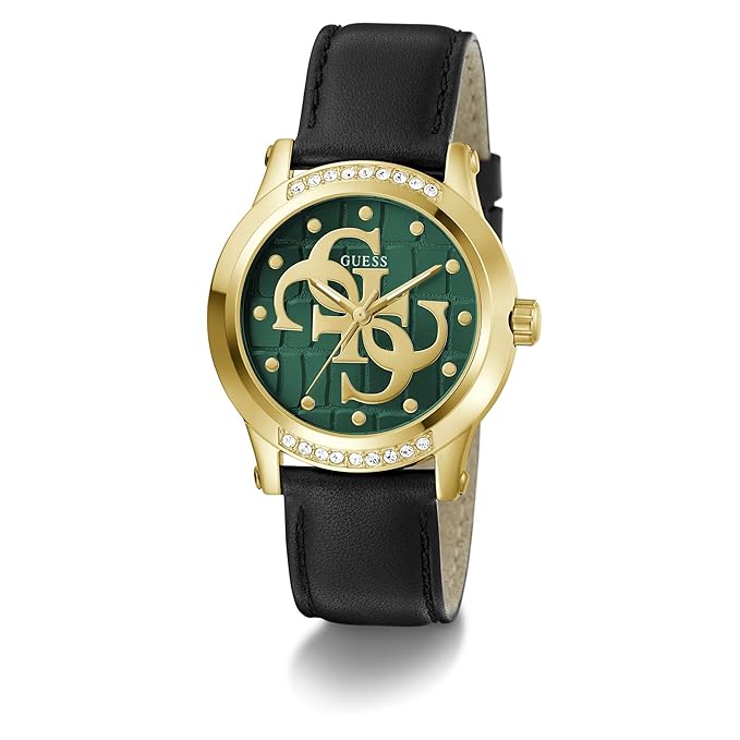 Guess Annette watch at angle showing round green dial with gold logo design