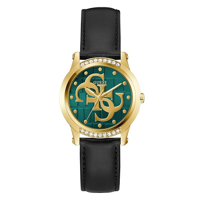 Guess Annette women's watch with round green dial, gold case, and crystal bezel
