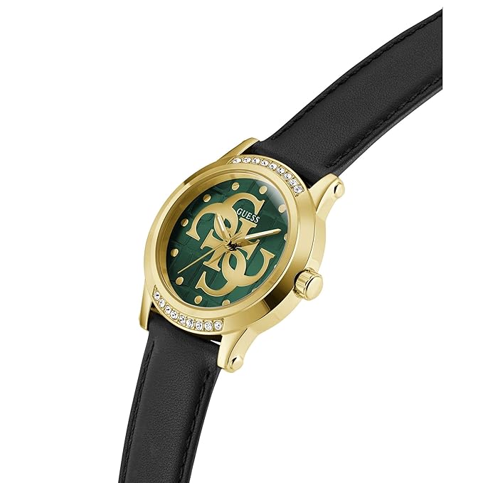 Guess Annette watch worn on wrist showing green dial and crystal-set bezel detail