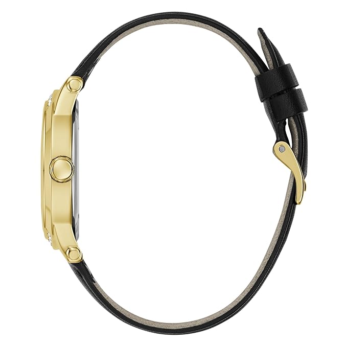 Guess Annette watch side profile showing gold case and black leather strap