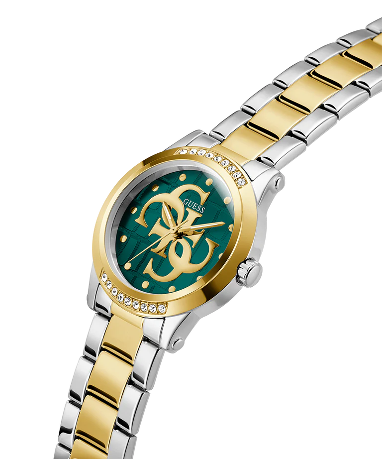 Guess Annette watch angled view showing two-tone stainless steel and gold-plated bracelet with teal dial