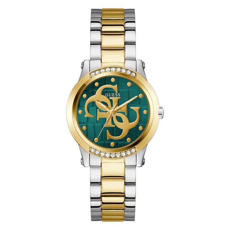 Guess Annette 36mm ladies watch with teal dial, gold-tone logo, crystal-set bezel, and two-tone bracelet