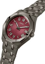 Guess Asset watch angled view showing red dial and black steel bracelet