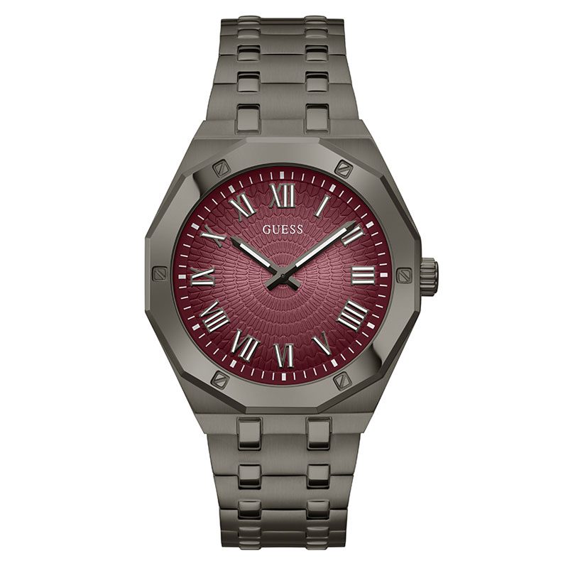 Guess Asset quartz watch with red dial and Roman numerals, gunmetal steel case and black steel strap