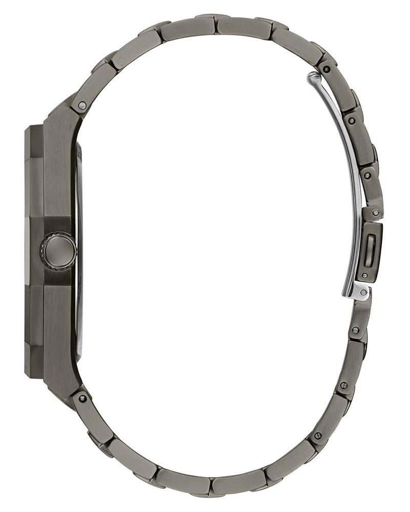 Side view of Guess Asset watch showing gunmetal steel case profile and bracelet
