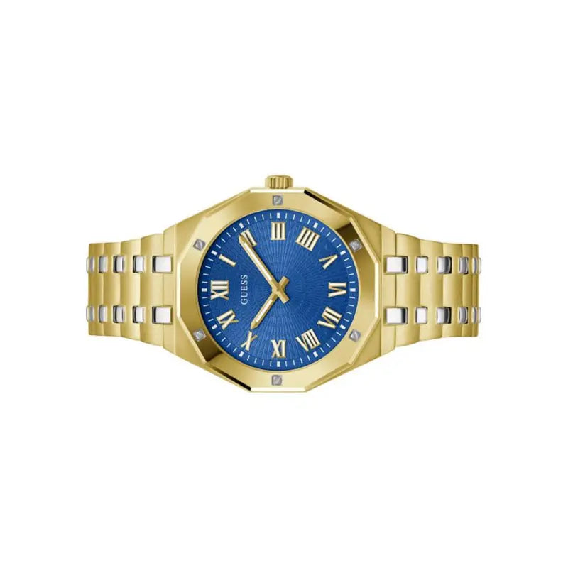 Guess Asset men's watch at angle showing blue Roman numeral dial and two-tone steel band
