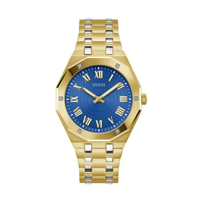 Guess Asset blue dial quartz watch with gold and silver steel strap
