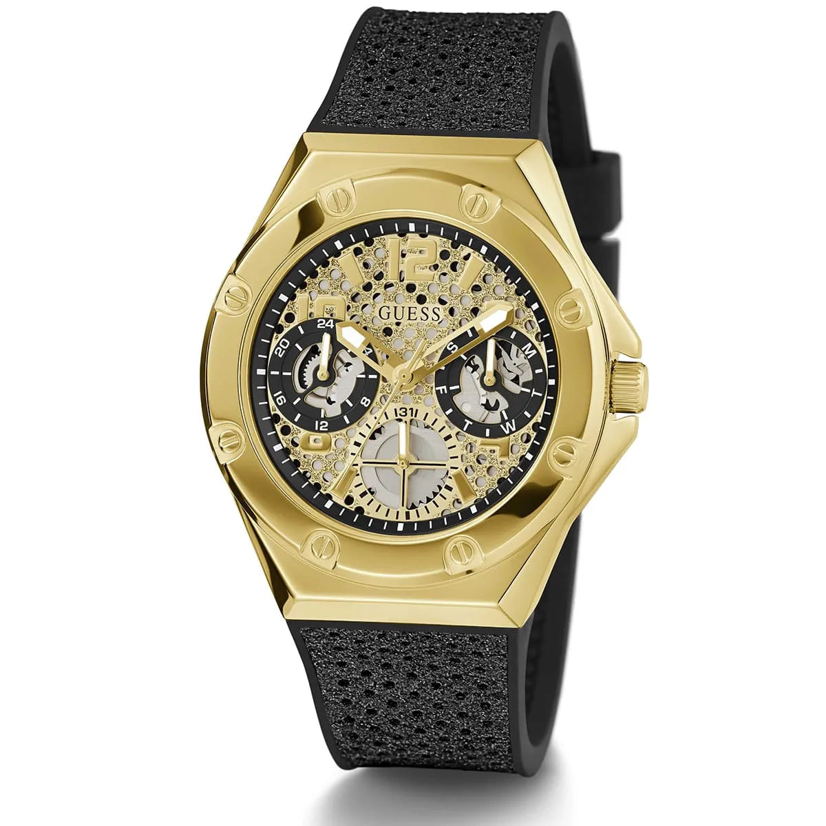 Guess Asteria watch angled view showing gold case, skeletal dial with subdials, and black textured strap