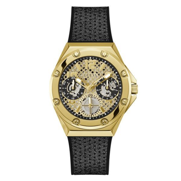 Guess Asteria women's watch with gold dial, black rubber strap, and skeleton multifunction display