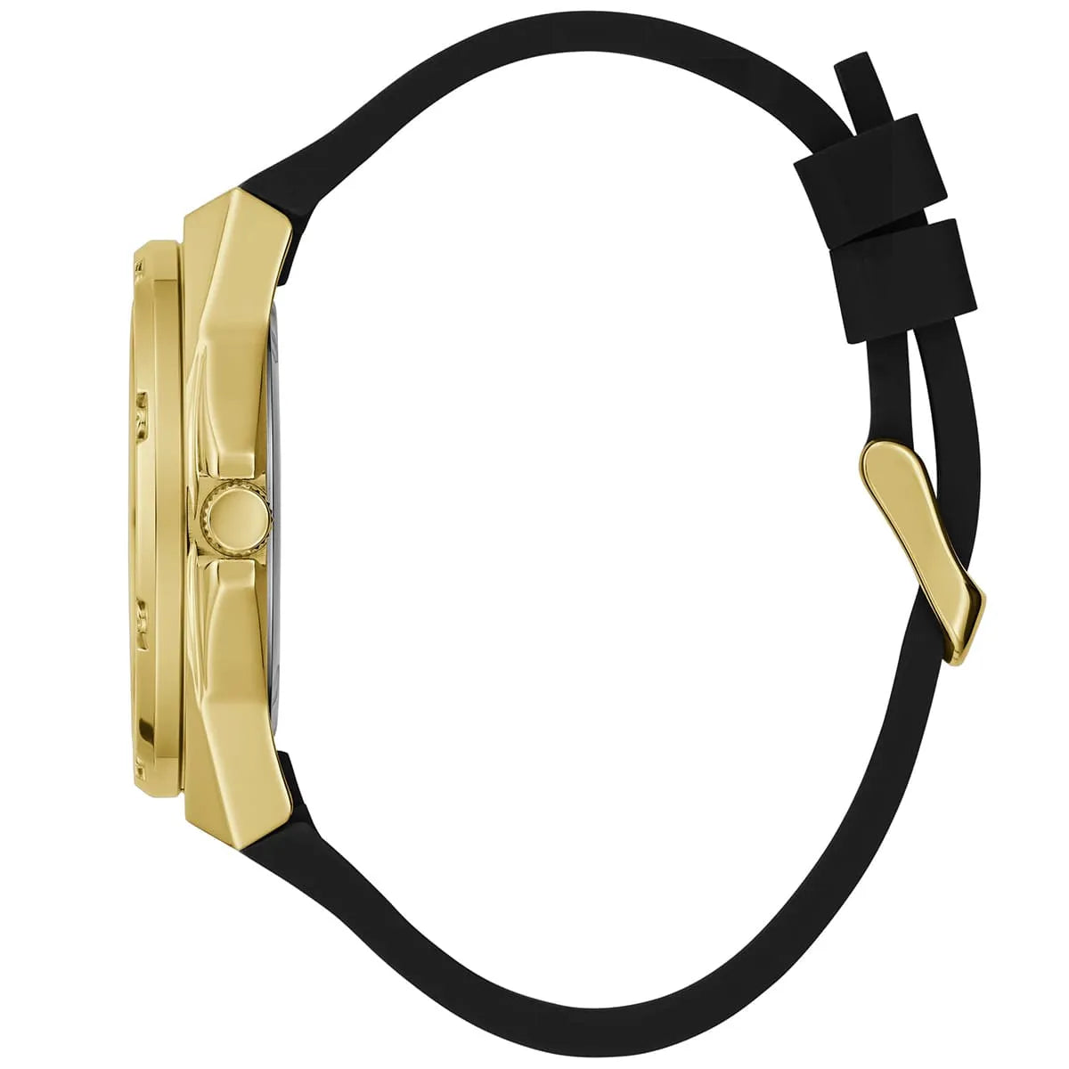 Guess Asteria watch side profile showing gold case thickness and black rubber strap design