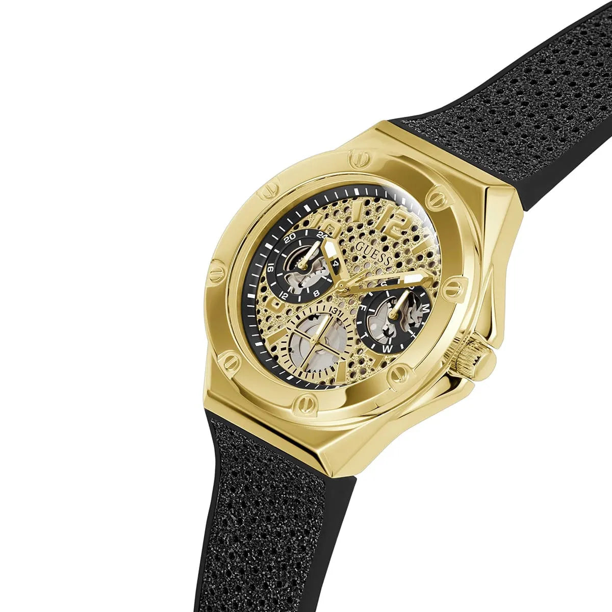 Guess Asteria watch side view displaying gold octagonal case profile with black rubber strap