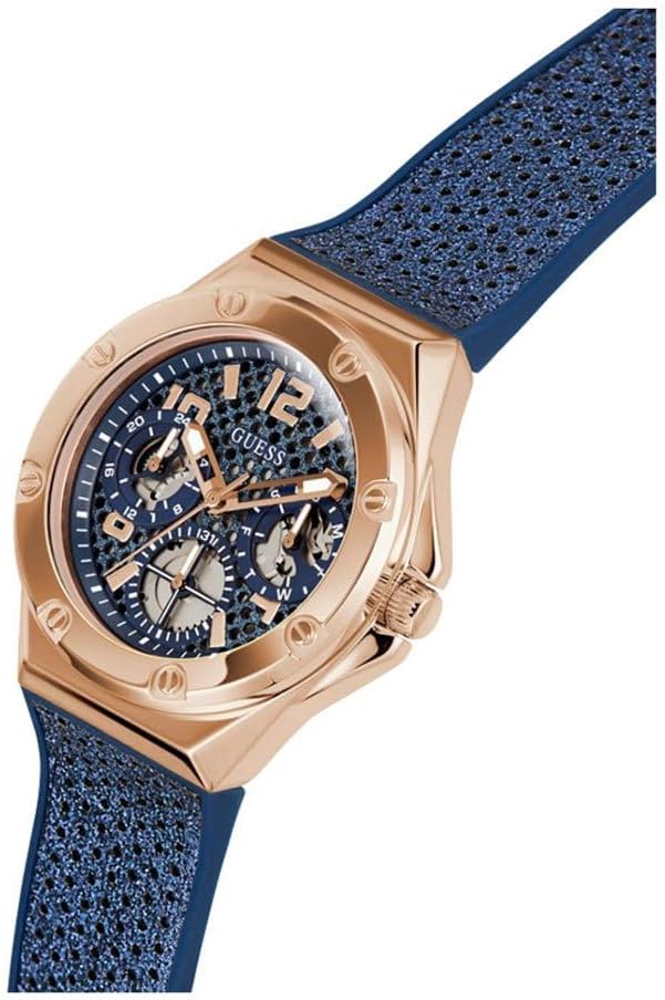 Angled view of Guess ASTERIA watch displaying dial and strap details