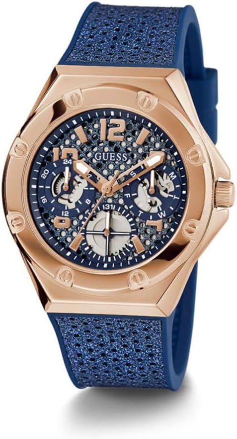 Guess ASTERIA women's watch front view with skeleton movement and blue dial