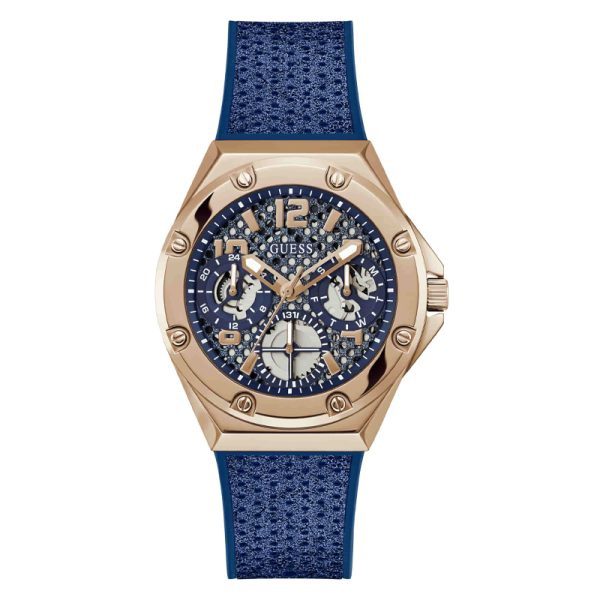Guess ASTERIA blue women's watch with rose gold case and skeleton dial