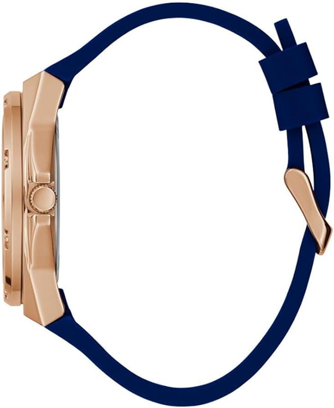 Side view of Guess ASTERIA watch showing case profile and blue textured strap