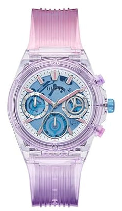 GUESS Athena women's watch with purple transparent case, blue dial, and chronograph subdials