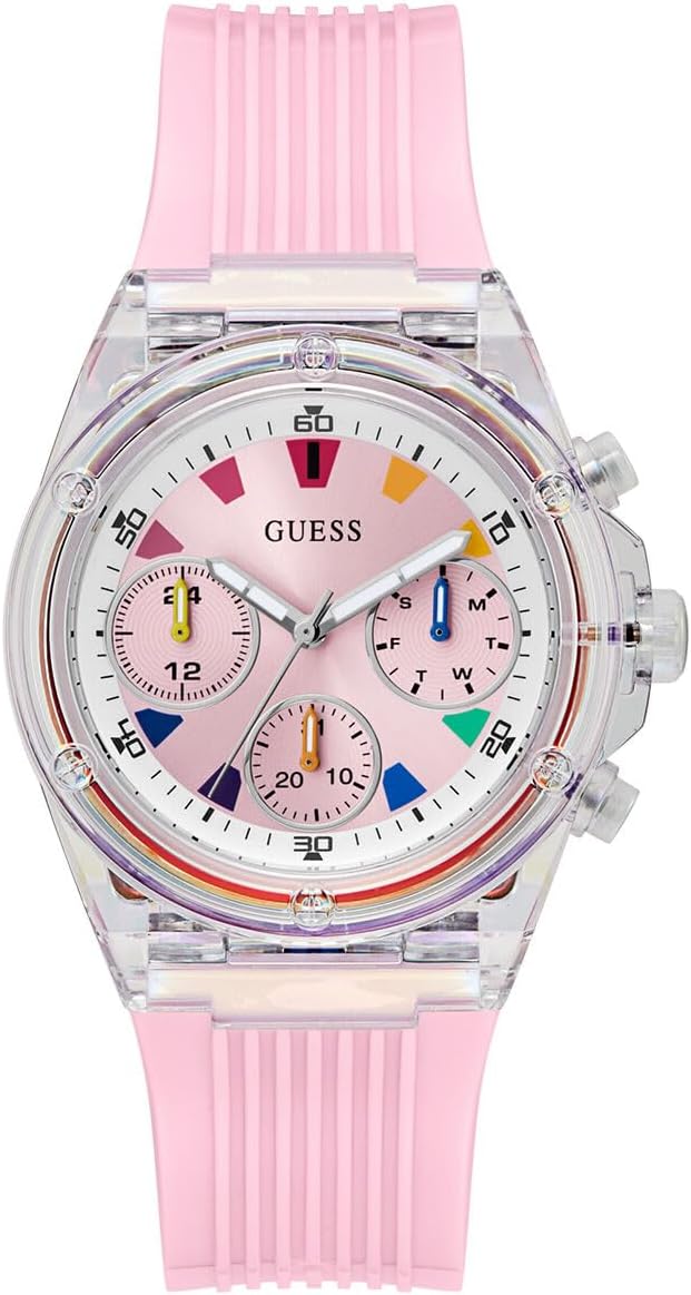 Guess Athena quartz watch with pink dial, transparent case and pink rubber strap