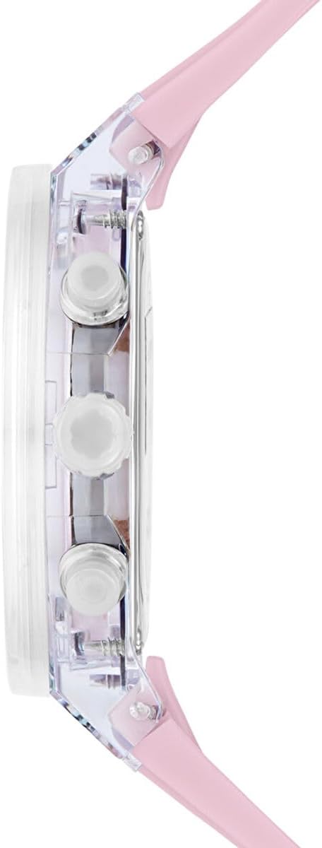Side profile of Guess Athena watch showing transparent case design and pink strap