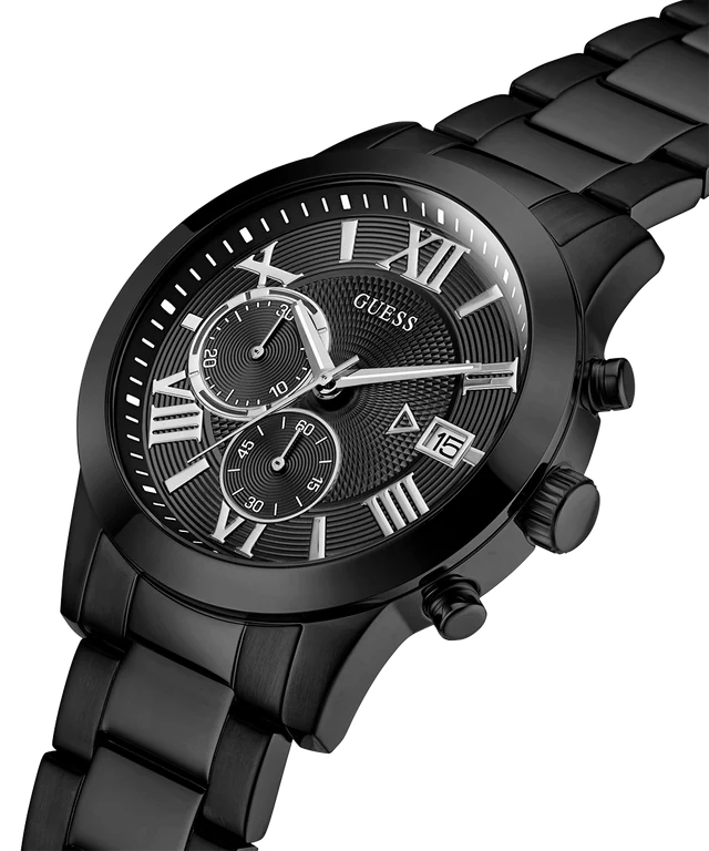 Guess Atlas chronograph watch at angle showing black case, dial detail, and steel bracelet