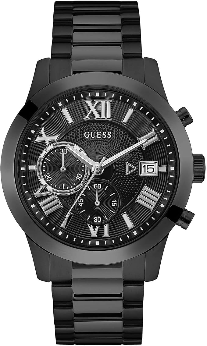 Guess Atlas chronograph men's watch with black dial, Roman numerals, and black steel bracelet