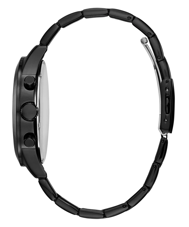 Side profile view of Guess Atlas chronograph watch with black steel bracelet