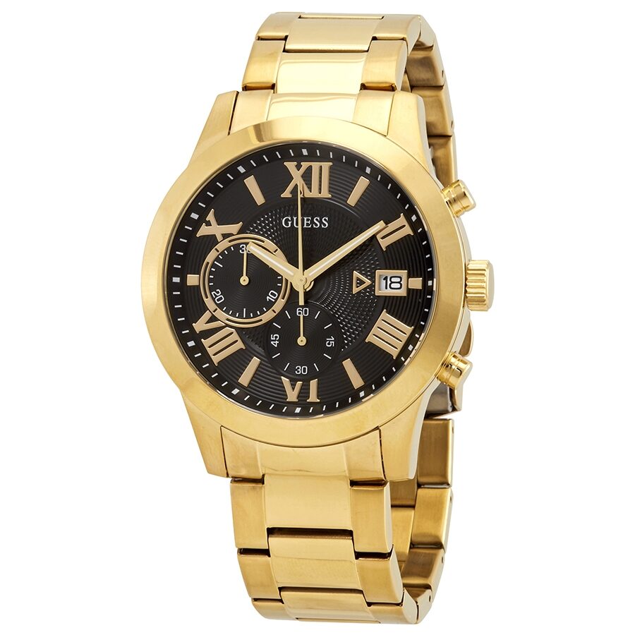 Guess Atlas Chronograph quartz watch with black dial, Roman numerals, gold-tone case and bracelet
