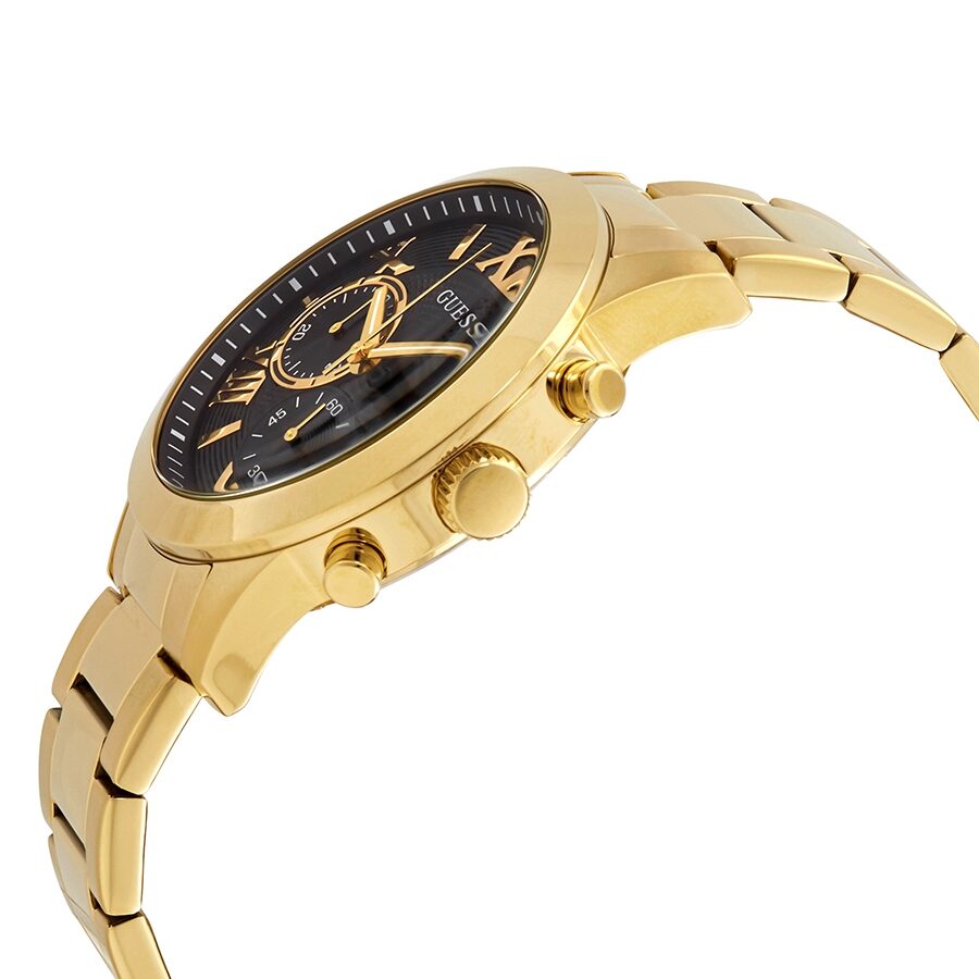 Side angle view of Guess Atlas Chronograph showing gold-tone case, chronograph pushers, and black dial